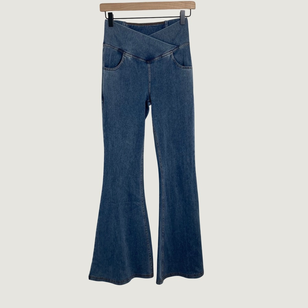 Halara Flare Jeans Womens S Blue NWT Crossover Waist Flex Denim Athleisure